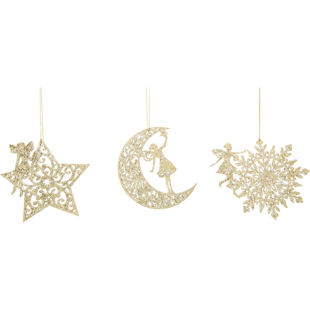 Glittered Fretwork Wood Fairy ornaments